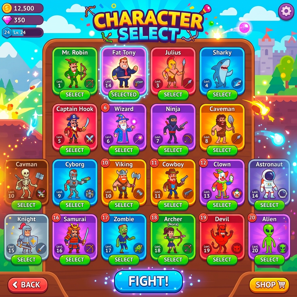 Bowmasters APK Karakter Seçim Ekranı